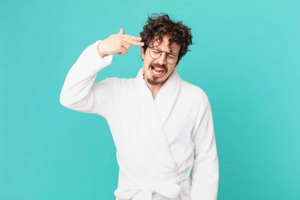 Young Man Wearing Bathrobe Looking Unhappy Stressed Suicide Gesture Making —  Fotos de Stock