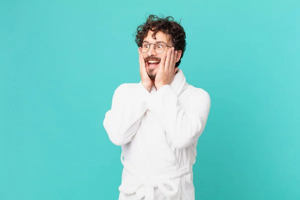 Young Man Wearing Bathrobe Feeling Happy Excited Surprised — Stock Photo, Image