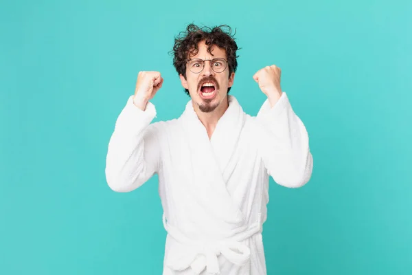 Young Man Wearing Bathrobe Shouting Aggressively Angry Expression — Stock Photo, Image
