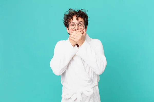 Young Man Wearing Bathrobe Covering Mouth Hands Shocked — Stock Photo, Image