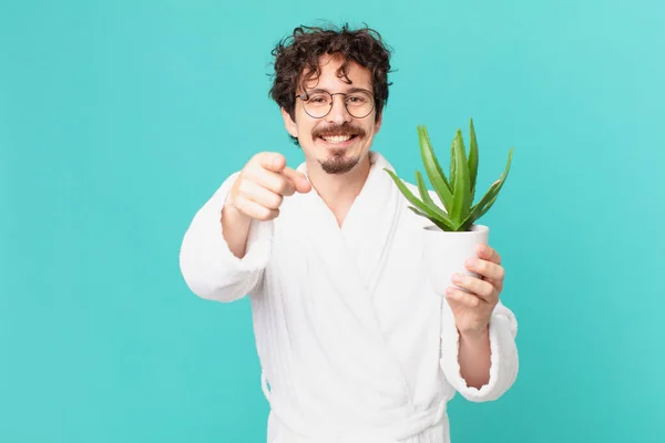 Young Man Wearing Bathrobe Pointing Camera Choosing You — Stock Photo, Image