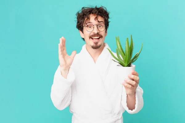 Young Man Wearing Bathrobe Feeling Happy Astonished Something Unbelievable — Stock Photo, Image