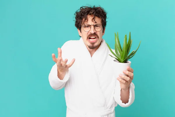 Young Man Wearing Bathrobe Looking Angry Annoyed Frustrated — Stok fotoğraf