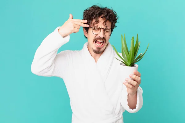 Young Man Wearing Bathrobe Looking Unhappy Stressed Suicide Gesture Making — Stock Photo, Image