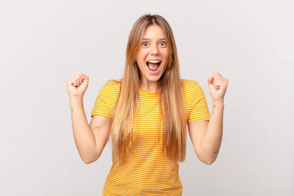 Young Pretty Woman Feeling Shocked Laughing Celebrating Success — Stock Photo, Image