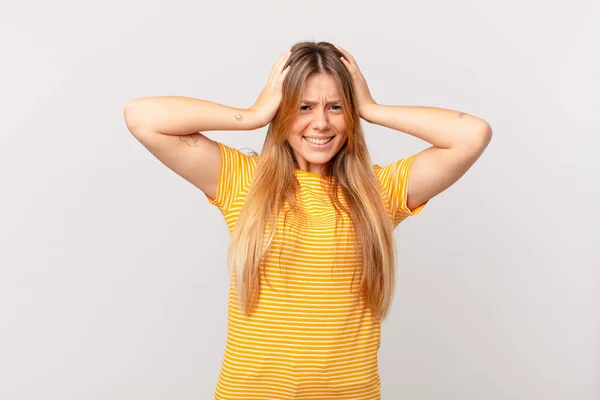 Young Pretty Woman Feeling Stressed Anxious Scared Hands Head — Stock Photo, Image