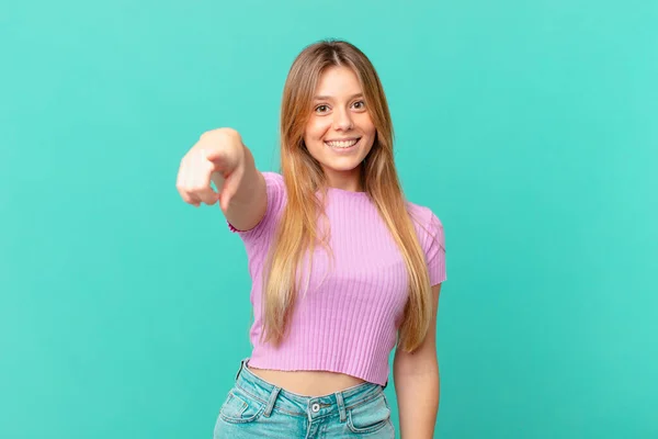 Young Pretty Woman Pointing Camera Choosing You — Stock Photo, Image