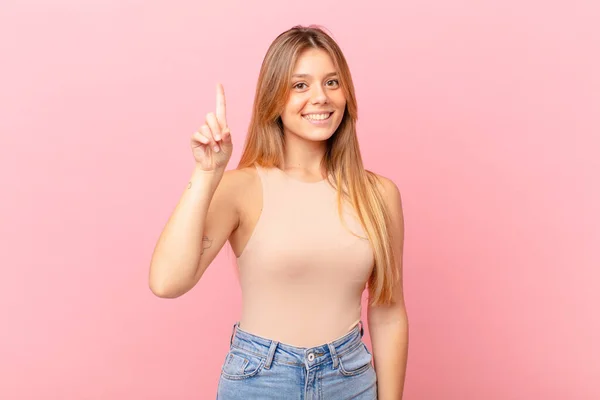 Young Pretty Woman Smiling Looking Friendly Showing Number One — Stock Photo, Image