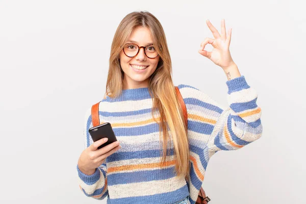 Young Girl Cell Feeling Happy Showing Approval Okay Gesture — Stock Photo, Image