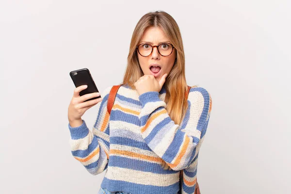 Young Girl Cell Mouth Eyes Wide Open Hand Chin — Stock Photo, Image