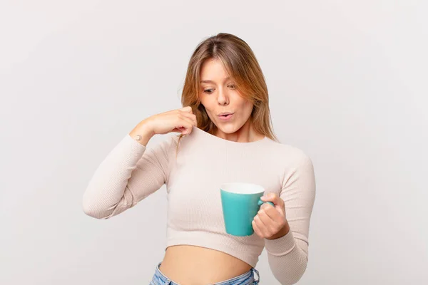 Young Woman Coffee Mug Feeling Stressed Anxious Tired Frustrated — Stock Photo, Image