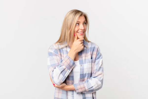 Young Blonde Woman Smiling Happy Confident Expression Hand Chin — Stock Photo, Image