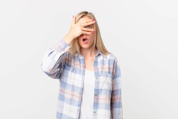 Young Blonde Woman Looking Shocked Scared Terrified Covering Face Hand — Stock Photo, Image
