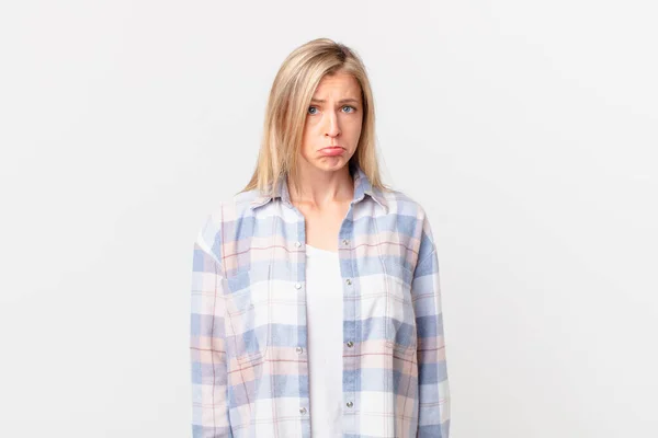 Young Blonde Woman Feeling Sad Whiney Unhappy Look Crying — Stock Photo, Image