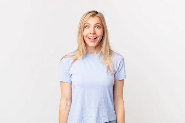 Young Blonde Woman Looking Happy Pleasantly Surprised — Stock Photo, Image