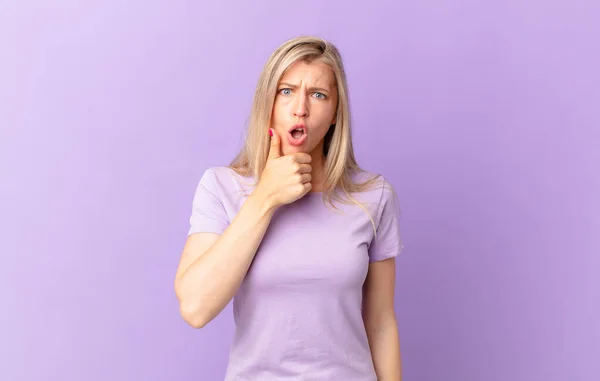 Giovane Donna Bionda Con Bocca Occhi Spalancati Mano Sul Mento — Foto Stock