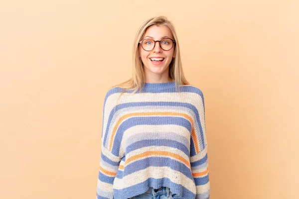 Young Blonde Woman Looking Happy Pleasantly Surprised — Stock Photo, Image