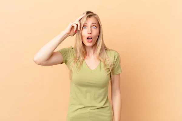 Young Blonde Woman Looking Happy Astonished Surprised — Stock Photo, Image