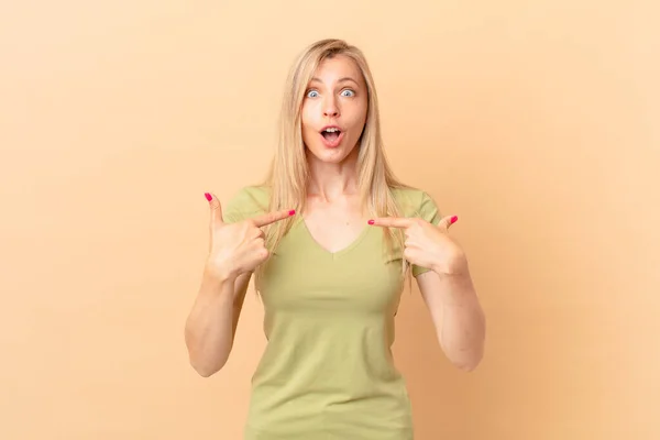 Young Blonde Woman Feeling Happy Pointing Self Excited — Stock Photo, Image