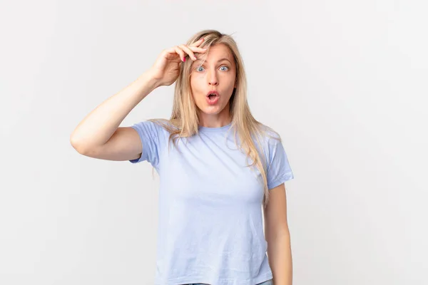 Young Blonde Woman Looking Happy Astonished Surprised — Stock Photo, Image
