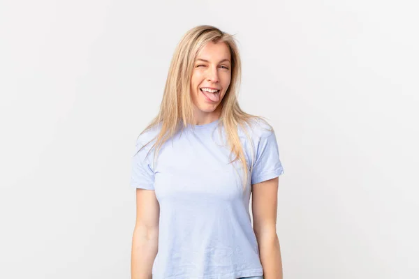 Young Blonde Woman Cheerful Rebellious Attitude Joking Sticking Tongue Out — Stock Photo, Image