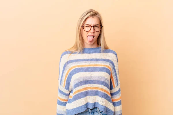 Young Blonde Woman Feeling Disgusted Irritated Tongue Out — Stock Photo, Image