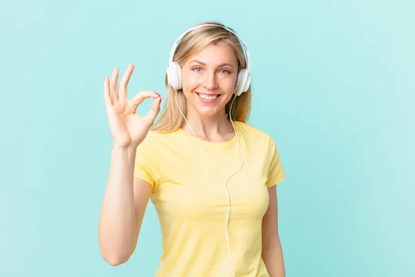 Young Blonde Woman Feeling Happy Showing Approval Okay Gesture Listening — Fotografia de Stock