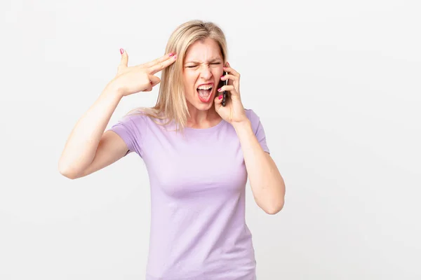 Ung Blond Kvinna Ser Olycklig Och Stressad Självmord Gest Att — Stockfoto