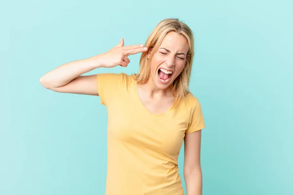 Joven Rubia Buscando Infeliz Estresado Gesto Suicida Haciendo Signo Pistola —  Fotos de Stock