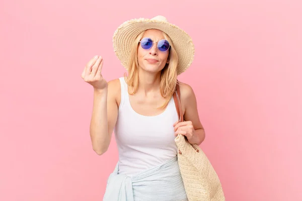 Joven Rubia Haciendo Capice Gesto Dinero Diciéndote Que Pagues Concepto —  Fotos de Stock