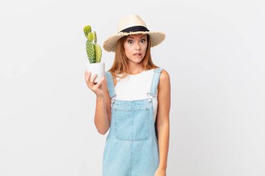 Şaşkın, kafası karışmış ve elinde kaktüs bitkisi tutan güzel bir kadın.