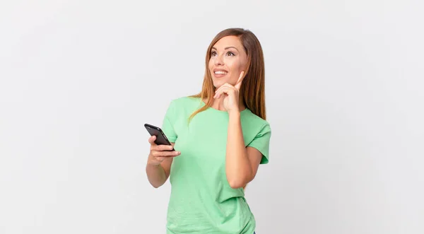 Pretty Woman Smiling Happily Daydreaming Doubting Using Smartphone — Stock Photo, Image