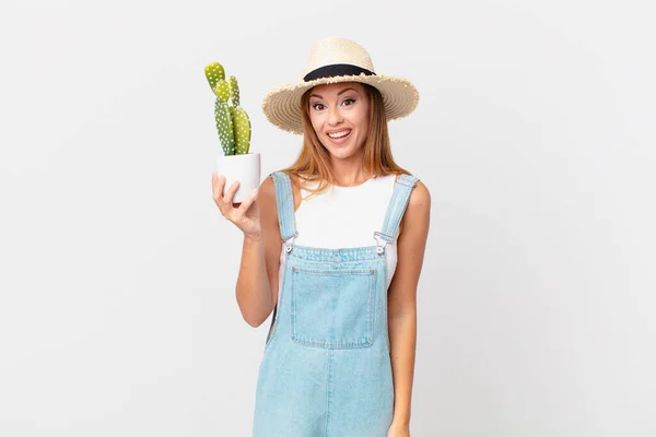 Pretty Woman Looking Happy Pleasantly Surprised Holding Cactus Decorative Plant — Stock Photo, Image