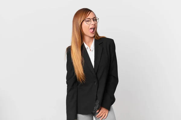 Pretty Woman Cheerful Rebellious Attitude Joking Sticking Tongue Out Business — Stock Photo, Image