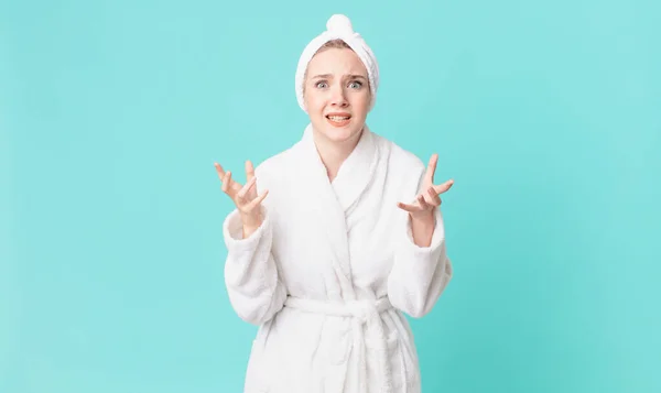 Blond Pretty Woman Looking Desperate Frustrated Stressed Wearing Bathrobe — Stock Photo, Image