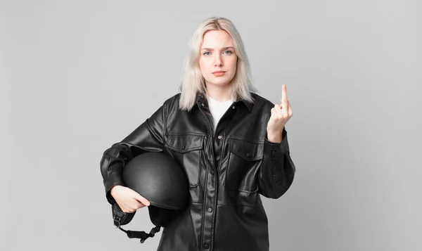 Blond Pretty Woman Feeling Angry Annoyed Rebellious Aggressive Motorbike Rider — Stock Fotó