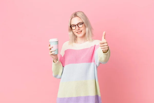 Blond Pretty Woman Feeling Proud Smiling Positively Thumbs Coffee Concept — Foto Stock