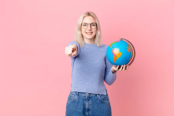 Blond Pretty Woman Holding Worl Globe Map — Photo