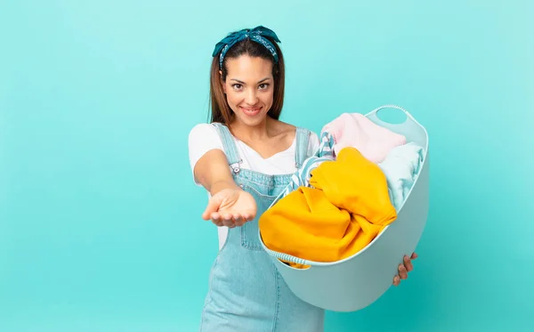 Young Hispanic Woman Smiling Happily Friendly Offering Showing Concept Washing — Stock Photo, Image