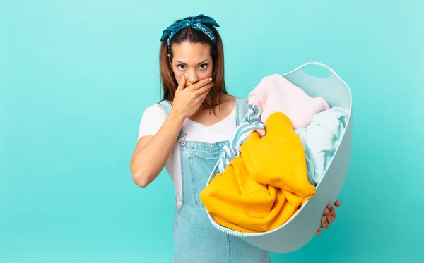 Young Hispanic Woman Covering Mouth Hands Shocked Washing Clothes — Stock Photo, Image