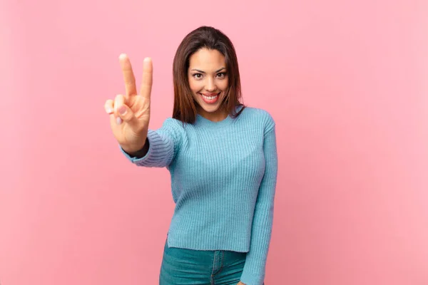 Young Hispanic Woman Smiling Looking Happy Gesturing Victory Peace — Stock Photo, Image