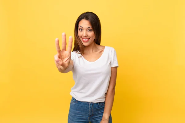 Young Hispanic Woman Smiling Looking Friendly Showing Number Three — Stock Photo, Image