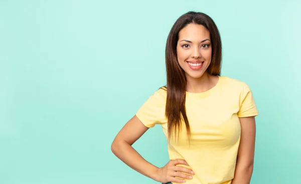 Young Hispanic Woman Smiling Happily Hand Hip Confident — Stock Photo, Image