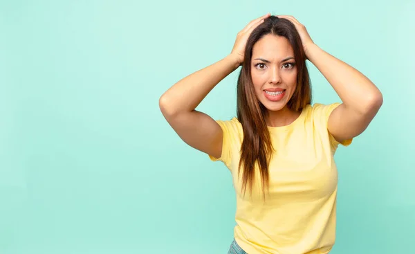 Young Hispanic Woman Feeling Stressed Anxious Scared Hands Head — Stock Photo, Image