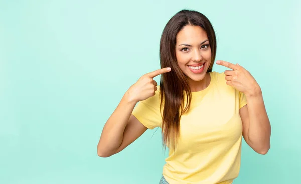 Young Hispanic Woman Smiling Confidently Pointing Own Broad Smile — Stock Photo, Image