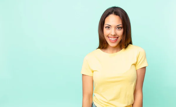 Young Hispanic Woman Looking Happy Pleasantly Surprised — Stock Photo, Image