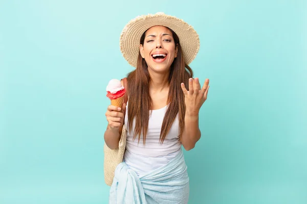 Young Hispanic Woman Looking Desperate Frustrated Stressed Holding Ice Cream — Stock Photo, Image