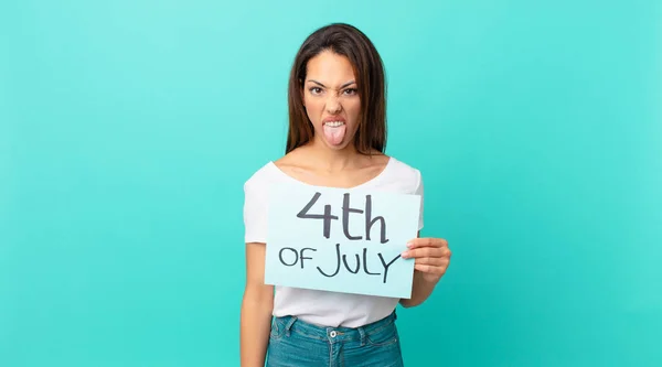 Young Hispanic Woman Feeling Disgusted Irritated Tongue Out Independence Day — Stock Photo, Image