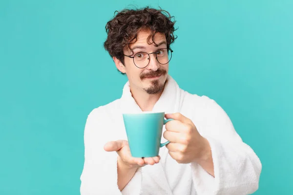 Young Crazy Man Having Coffee — Stock Photo, Image