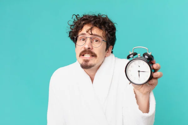 Young Crazy Man Alarm Clock — Stock Photo, Image